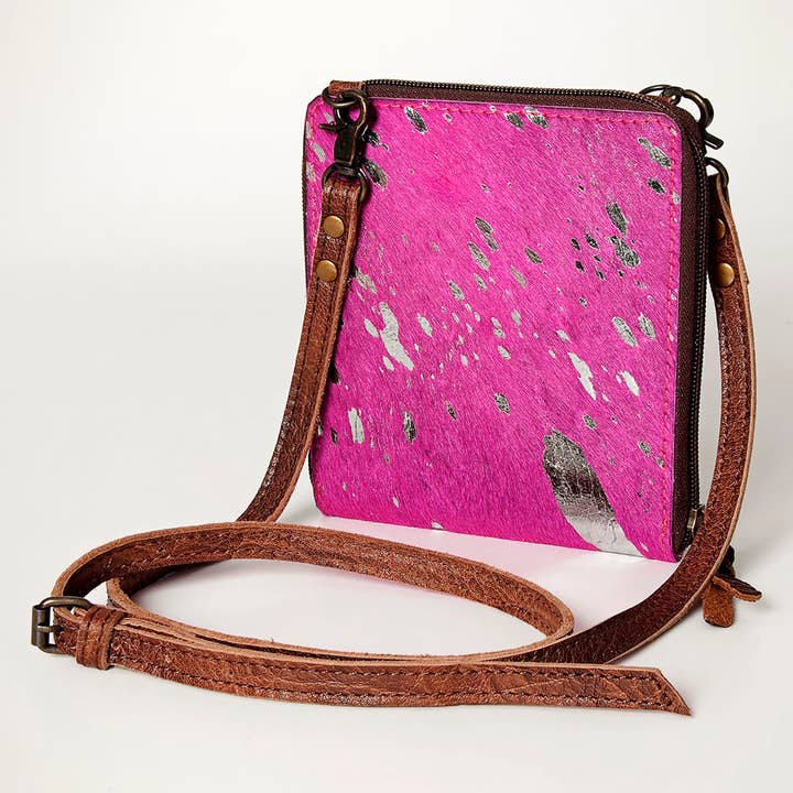 LS Western - Wholesale Crossbody bag – Women's - LC-ADBG820H Pink & Silver Hair-On Cowhide Crossbody Bag with Brown Leather Strap