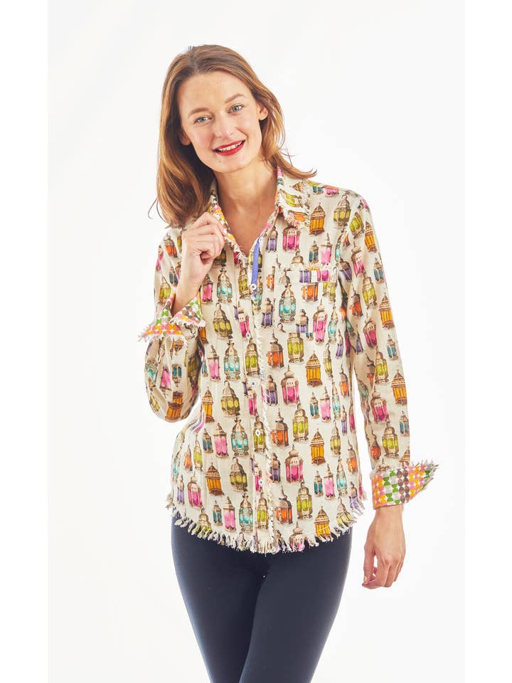 Dizzy-Lizzie - Wholesale Button Down Shirt - Women's - Cape Cod Tunic Moroccan Lantern Print Linen Cotton