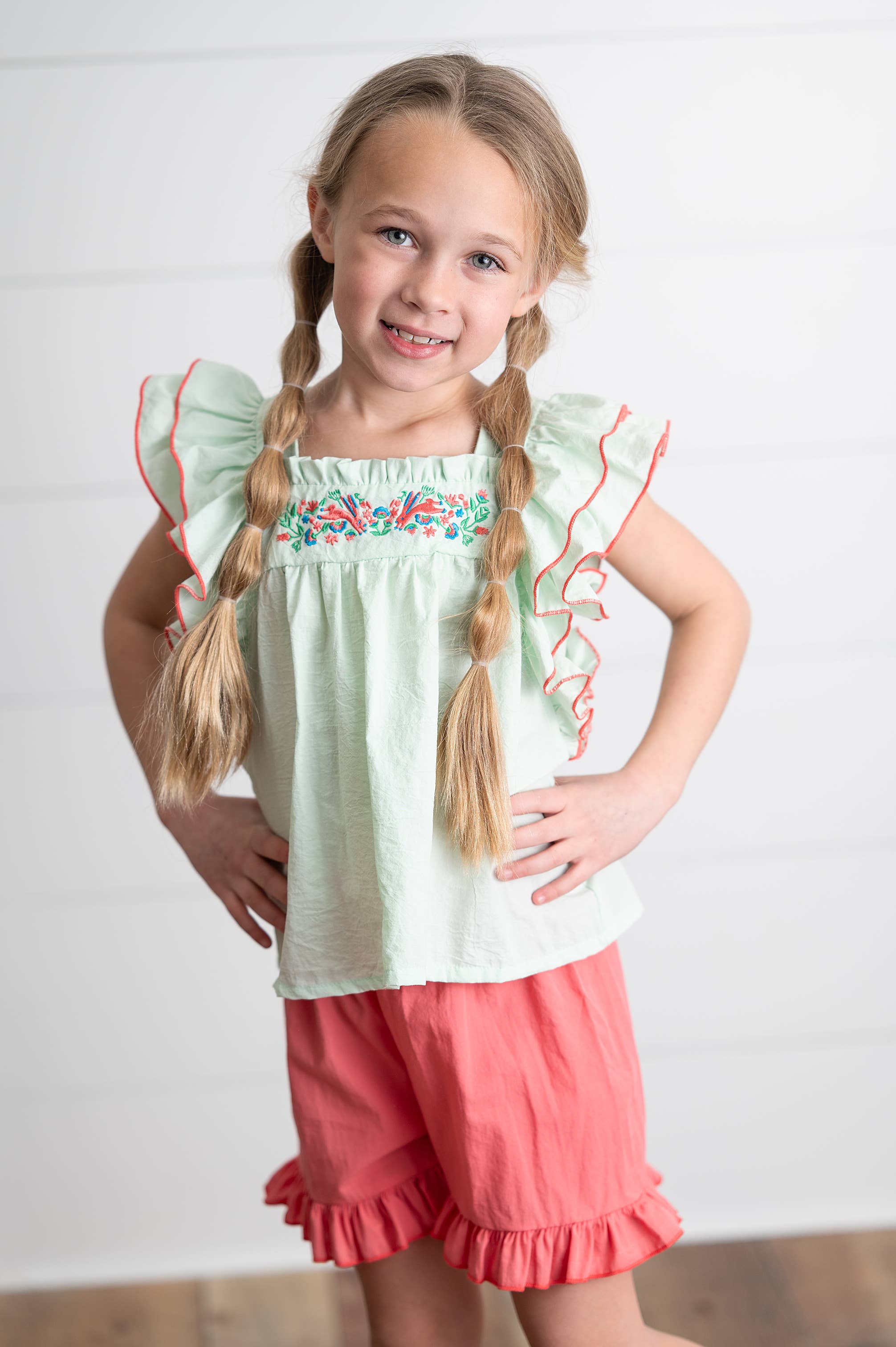 Wren & James - Wholesale Top & Short Set - Kids - Girls Embroidered Mint Ruffle Top & Pink Short Set1