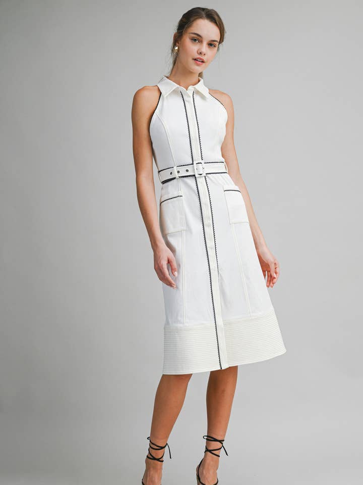 ED6032A Contrast Trim Halter Midi Dress With Belt for wholesale by EB LUXE