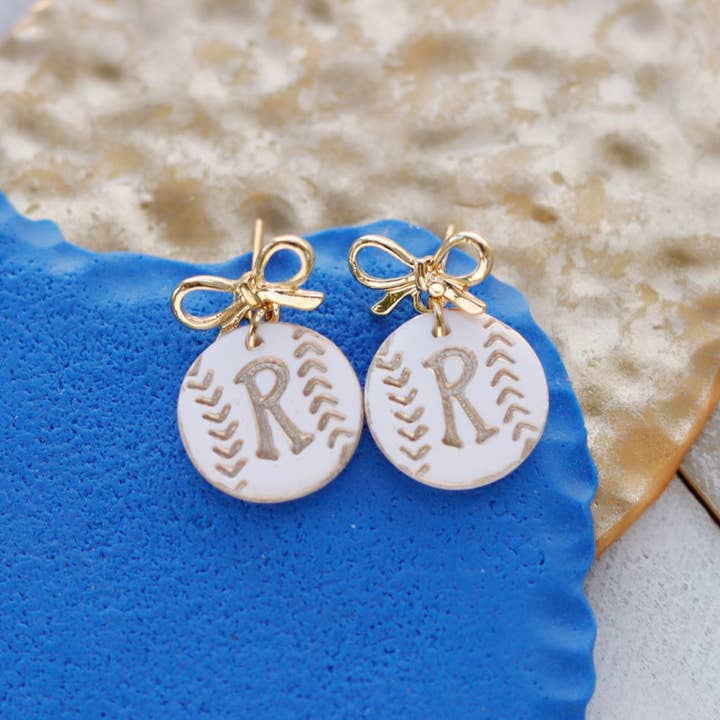 Handcrafted Polymer Clay Earrings- R Baseball Small for wholesale by Ivy Lena