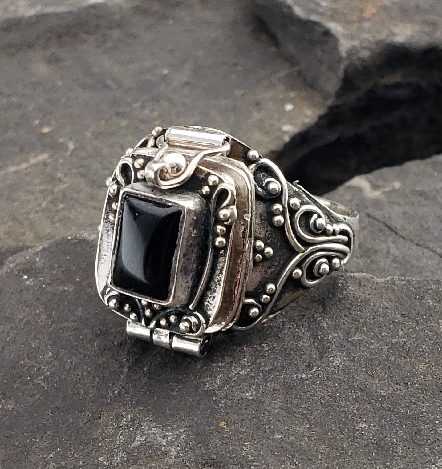 Silver Insanity – wholesale Cocktail/statement ring – Gothic Black Onyx and Sterling Silver Poison Box Locket Ring