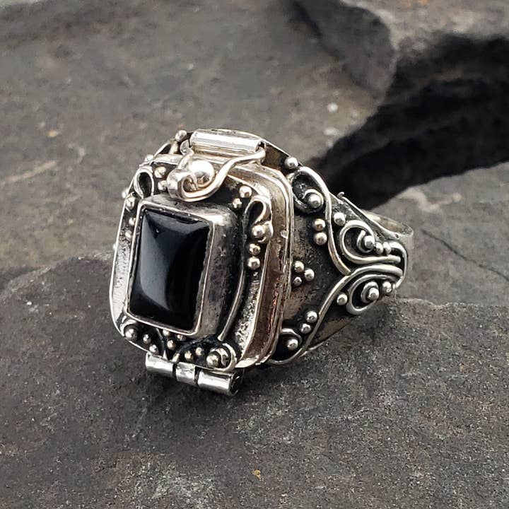 Gothic Black Onyx and Sterling Silver Poison Box Locket Ring for wholesale by Silver Insanity