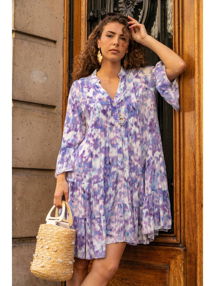 Azul Vestido midi estampado, corte holgado y acampanado, cuello en V, de venta al por mayor en Faire
