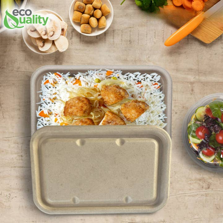 EcoQuality – wholesale Food storage container – 22oz Sugarcane Fiber Bowl with Sugarcane Lid Compostable Disposable Oblong Food Prep Storage4