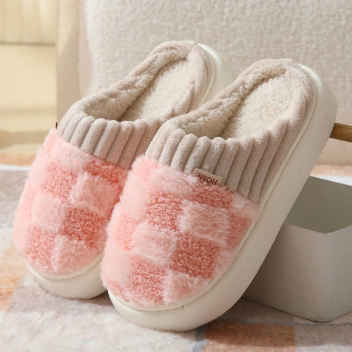 ACCITY - Wholesale Slippers - Women's - Checkered Fuzzy Warm Slippers – Cozy & Stylish_CWSHS0270