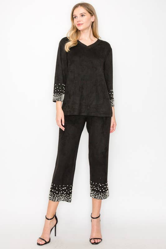 Joh Apparel - Vendita all'ingrosso Camicetta - Donna - Top in camoscio elasticizzato Alani con perle3