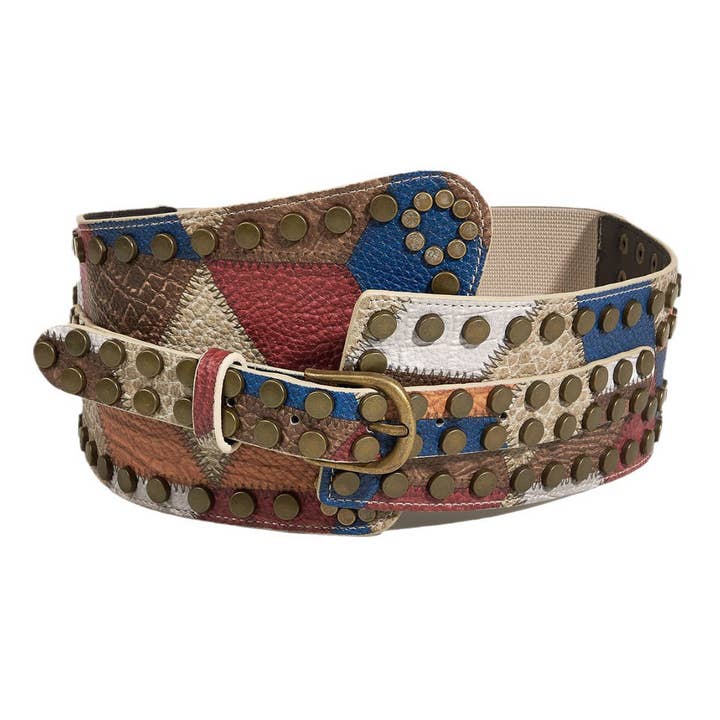 Brown BRONZE NAIL METAL BUCKLE ELASTIC GIRDLE BELT_CWABE0274 for wholesale on Faire