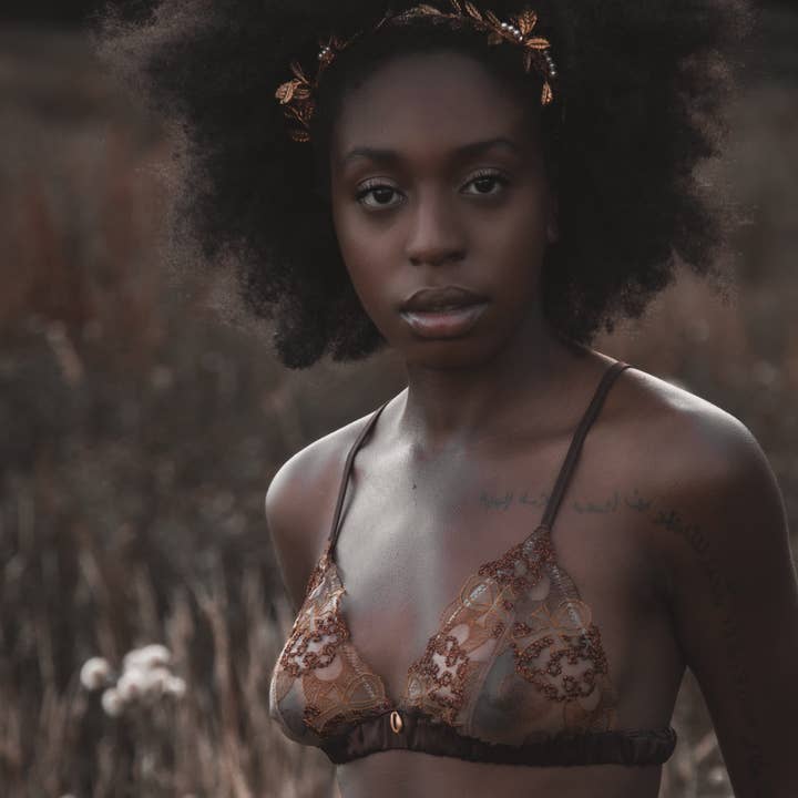 Divine Feminine Embroidered Triangle Bralette for wholesale by IHUOMA