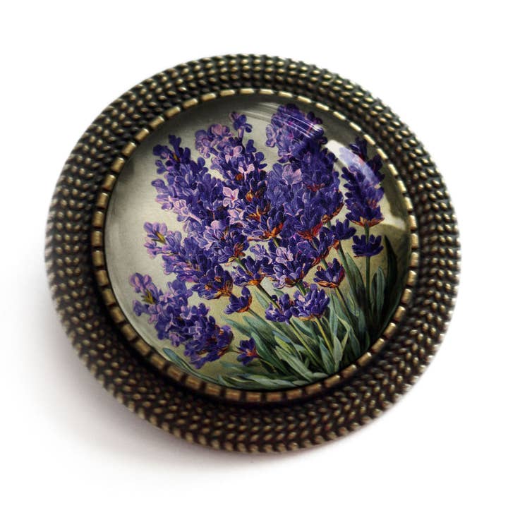 Lavender Flowers Glass and Bronze Bar Back Brooch for wholesale by The Divine Iguana