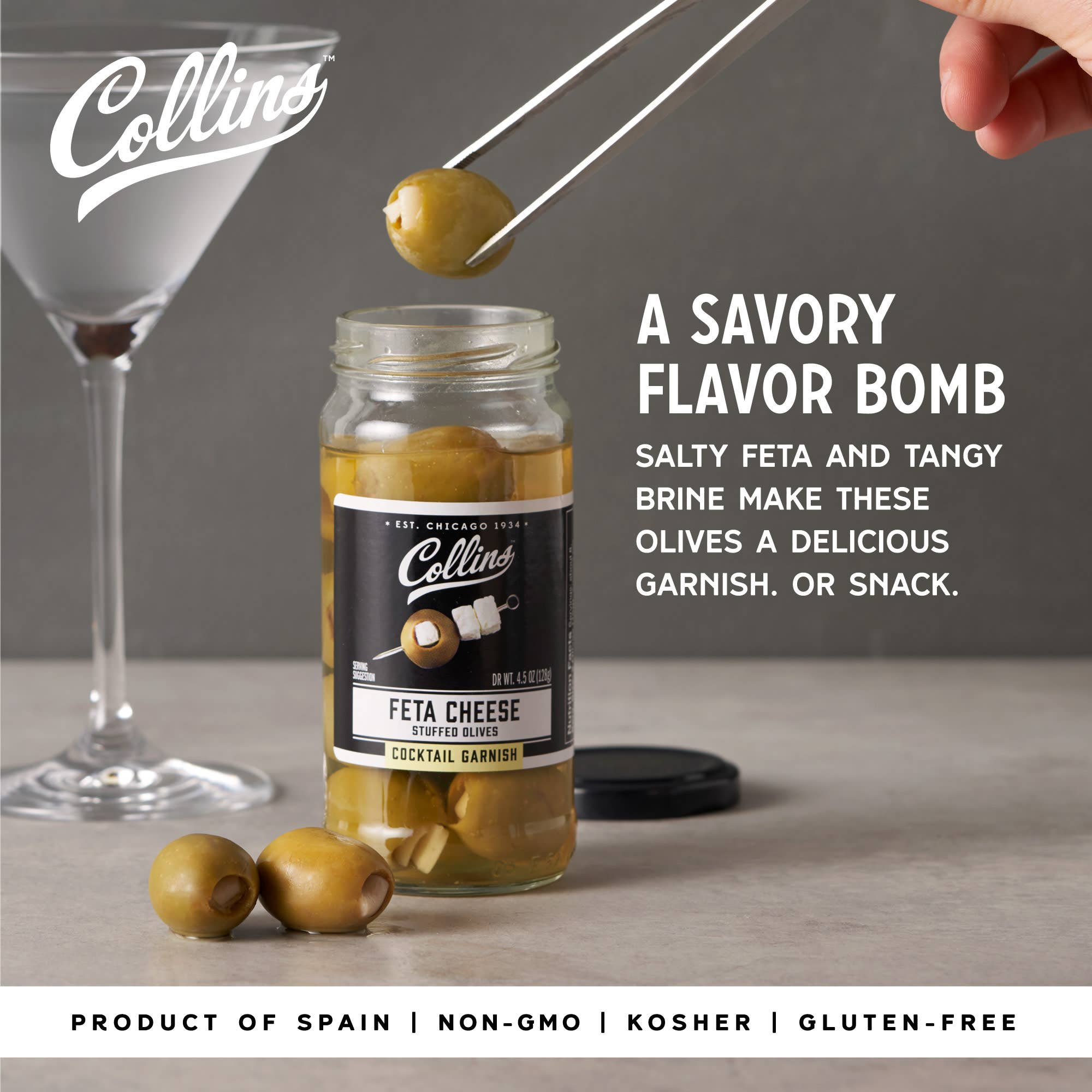 Collins - Wholesale Olives - Gourmet Feta Cheese Stuffed Cocktail Olives 5 oz1