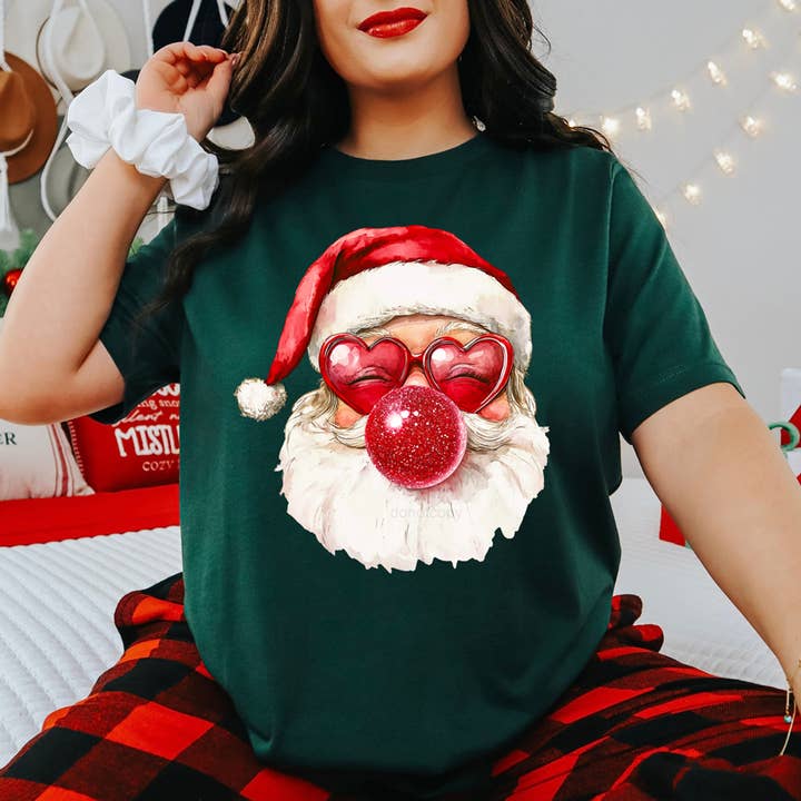Faux Glitter Bubblegum Santa with Heart Glasses DTF Heat Transfer for wholesale by Trendy Transfers