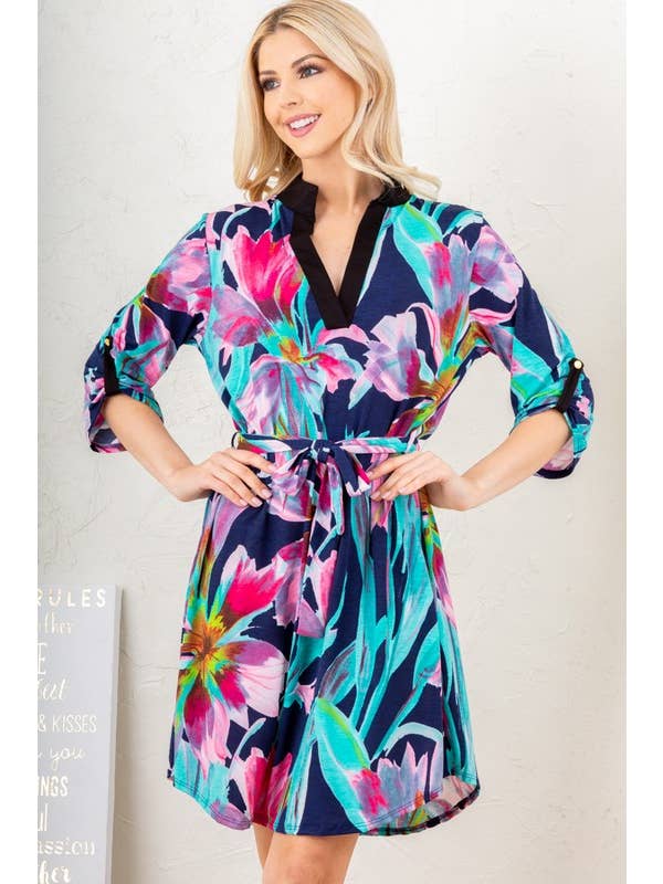 MARINBLÅ ED6111-11 MANDARIN KRAGE FLERFÄRGAD BLOMMIG KLÄNNING för wholesale på Faire1