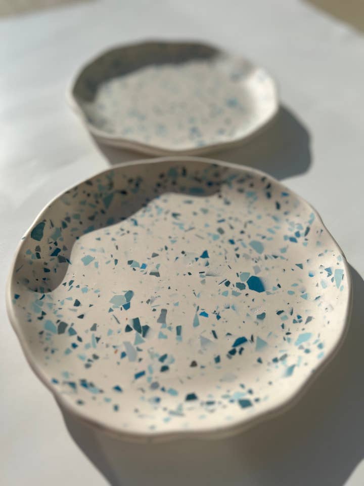 White with Blue Terrazzo Wavy Tray, Shades of Blue Tray for wholesale by Coast By Madison