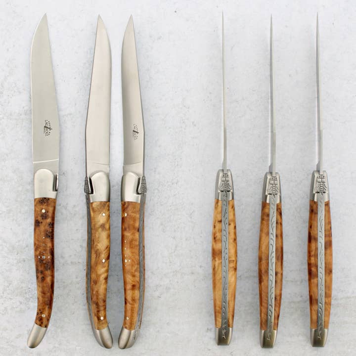 Forge de Laguiole Thuya Burl Steak Knives - Brushed for wholesale by Laguiole Imports