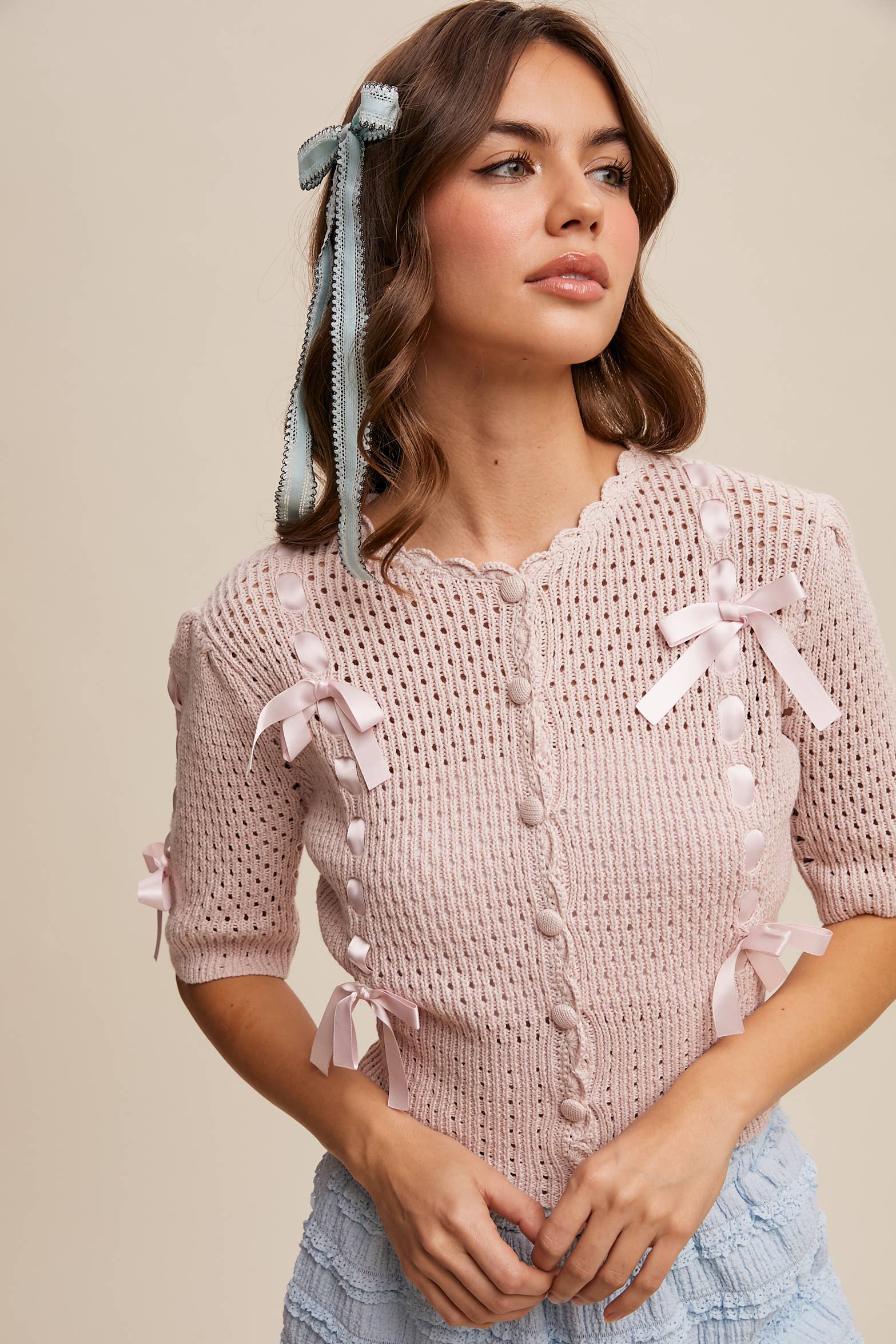 Listicle - Wholesale Cardigan - Women's - Pastel Knit Cardigan with Satin Bow Details12