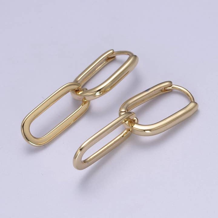 14K Gold Filled Oval Hoop Chunky Earrings With Dangle Link Chain Rectangular Hoop Earrings, Geometric Hoops T-295 for wholesale by Aim Eternal