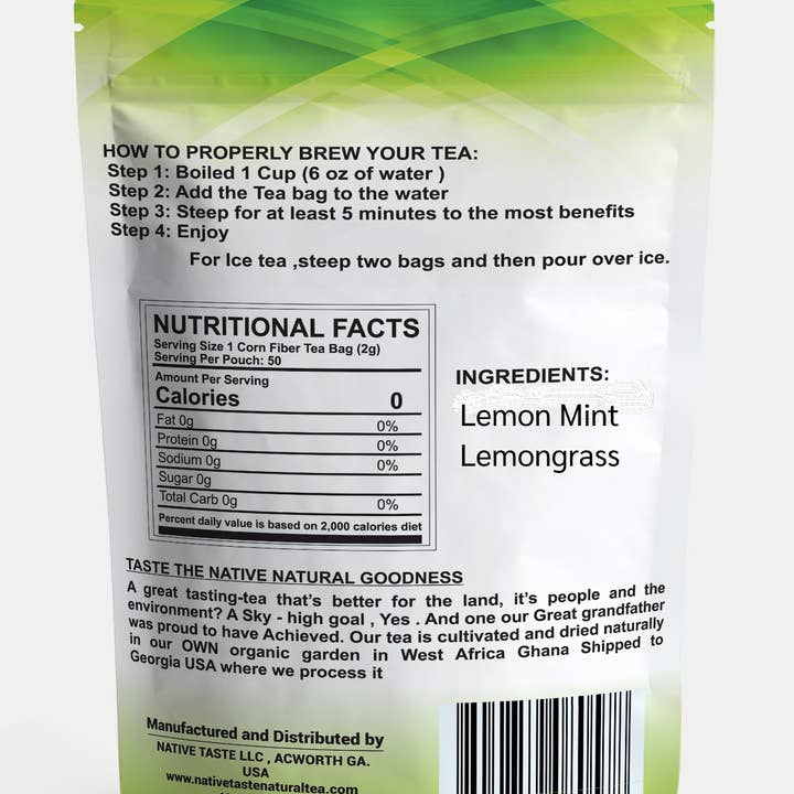 Native Taste Tea – Engroshandel Teposer – Citron mynte Hwentia te 50 Pyramid Corn Fiber teposer- 100%