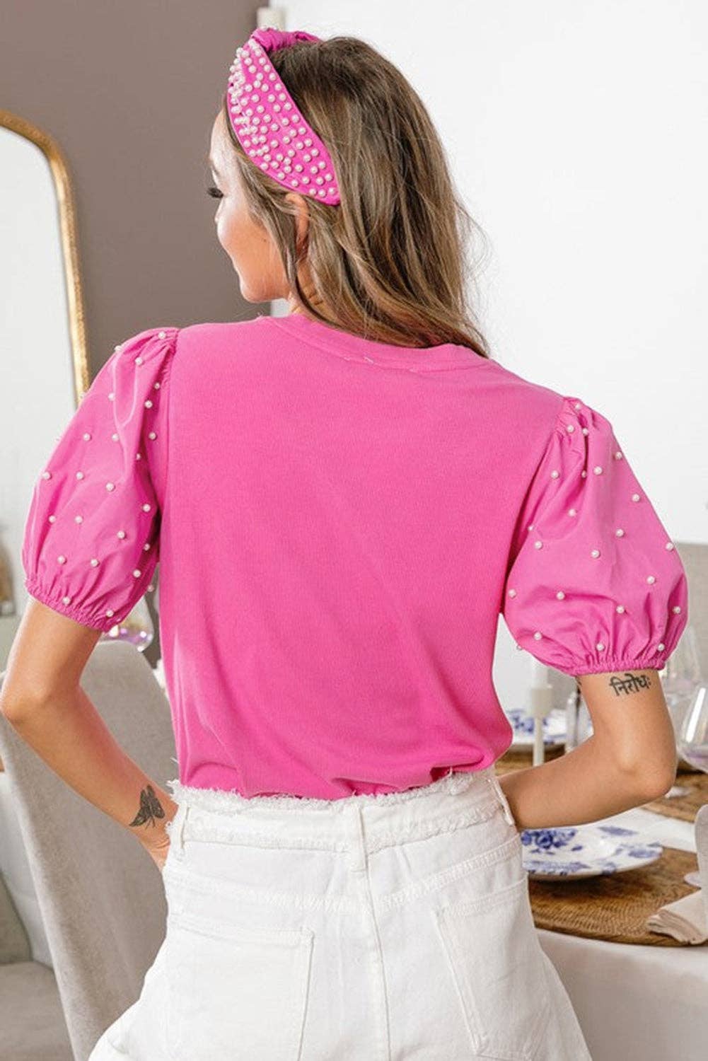 Bright Pink Ribbed Pearl Beaded Puff Sleeve Top for wholesale on Faire1