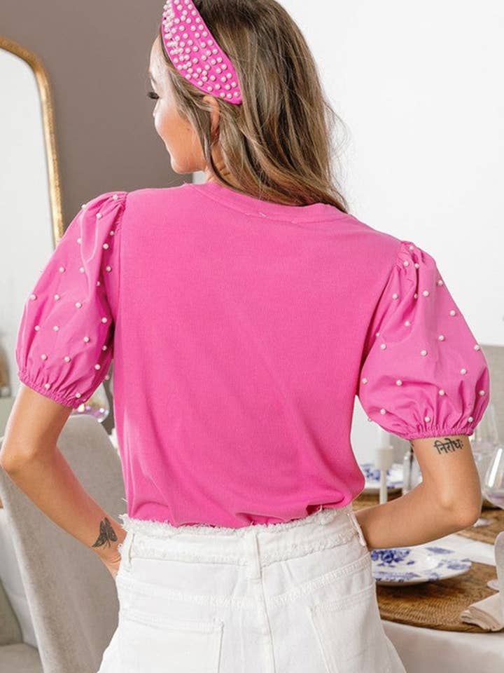 Bright Pink Ribbed Pearl Beaded Puff Sleeve Top for wholesale on Faire1
