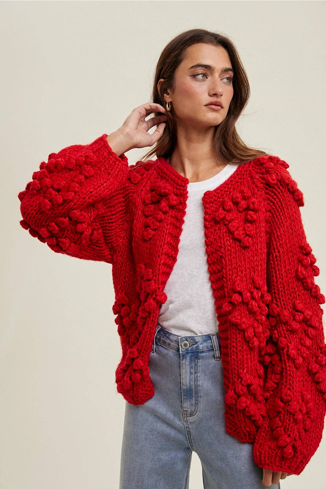 Red Wishlist Apparel Pom Heart Cardigan for wholesale on Faire0
