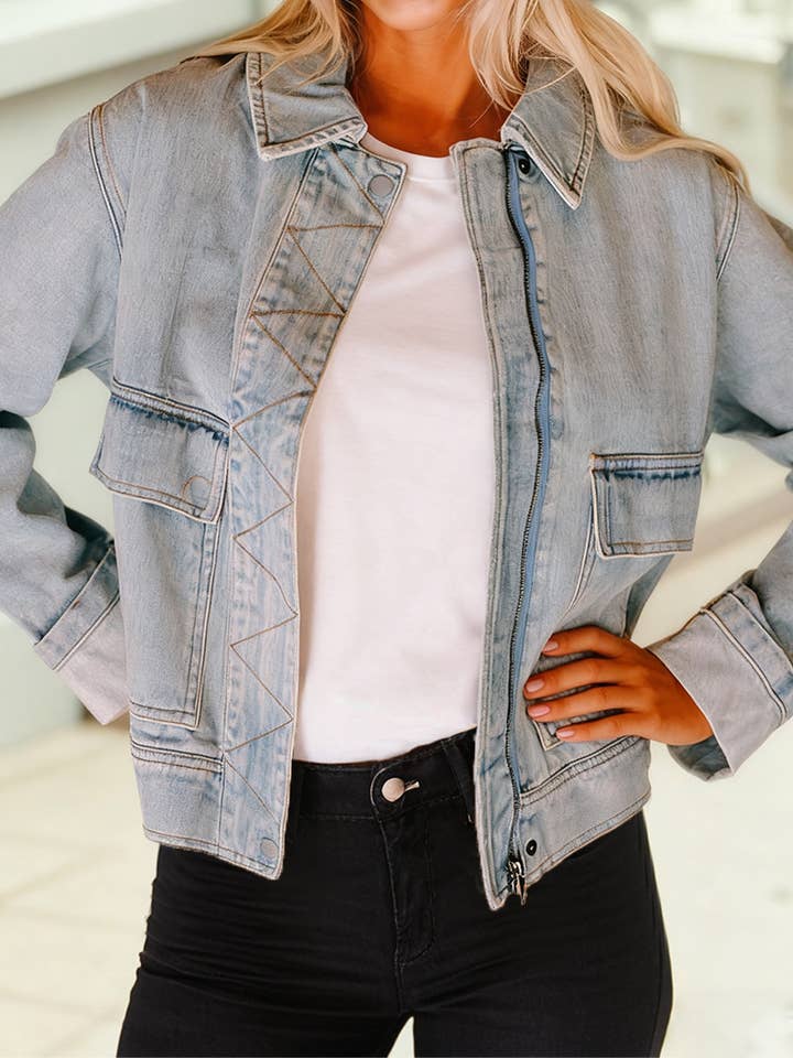 Beau Blue Street Style Zip Up Washed Denim Jacket for wholesale on Faire