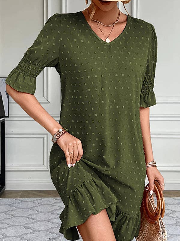 Plush Looks – Großhandel Kleid – Damen – A-Linien-Minikleider mit ausgestellten Ärmeln und elastischem Jacquardplissee, einfarbig, mit geteilten Gelenken und V-Ausschnitt4