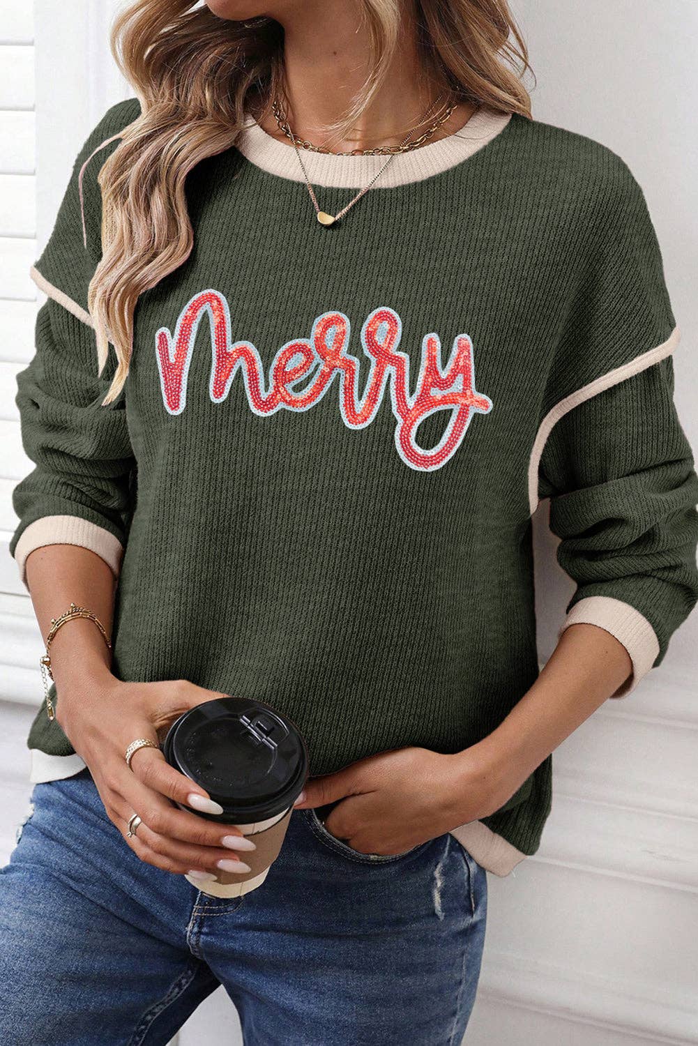 Four Leaf Clover Merry Patched Graphic Contrast Trim Christmas Knitted Long Sleeve Top for wholesale on Faire3