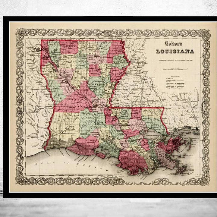 Old Map Louisiana State 1865 United States of America | Vintage Map Wall Art Print for wholesale by OldCityPrints - Old Maps and Posters