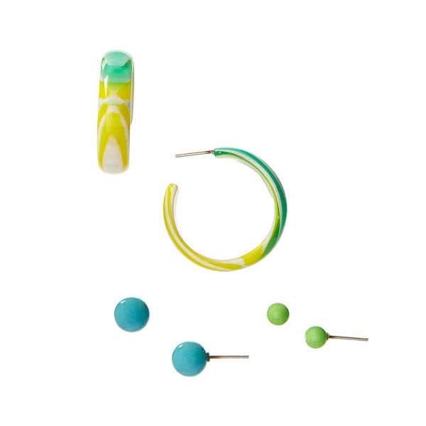 Mint Green & Yellow Marbled Hoop and Stud Earrings Set | Vintage Lucite Post Earrings for wholesale by Leetie Lovendale