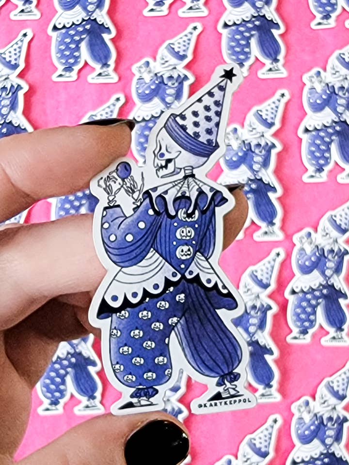 Vinyl Sticker - Skeleton Clown sticker for wholesale by Kary Keppol