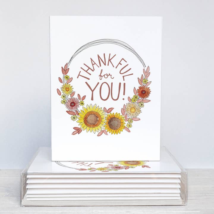 Thankful For You Thanksgiving Card - Boxed Set Of 10 Cards for wholesale by White Clover Paper Co.