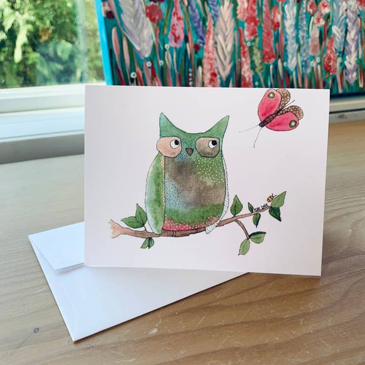 Biglietto di auguri «Gufo e falena» per la vendita all'ingrosso da parte di Elle Bee Art Studio