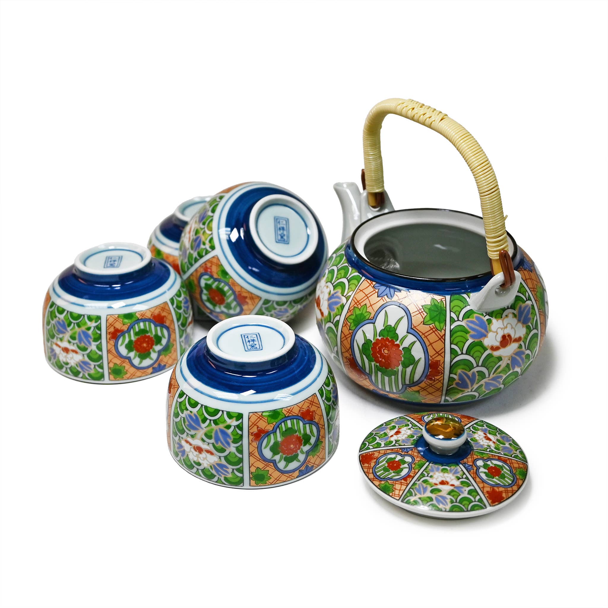 Fuji Merchandise Corporation - Vente Service à thé - SERVICE À THÉ ARITA – MOTIF ARABESQUE FLORAL VERT ET ORANGE2