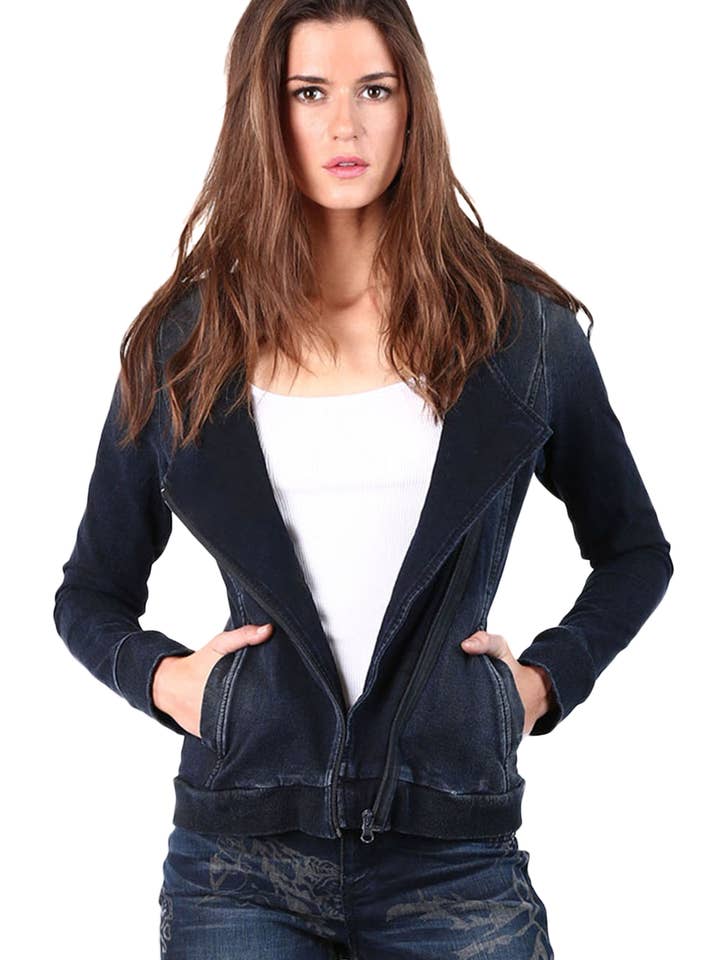 Modern Womens Denim Knit French Terry Zip Moto Jean Jacket for wholesale by Standards & Practices
