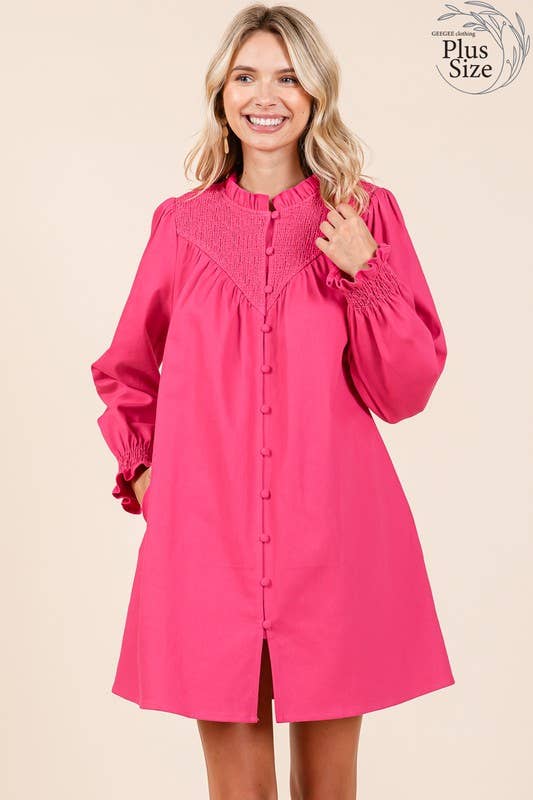 GeeGee x Lovelo - Wholesale Dress - Women's - Plus Smocked Shirt Mini Dress, MD50956PL.0