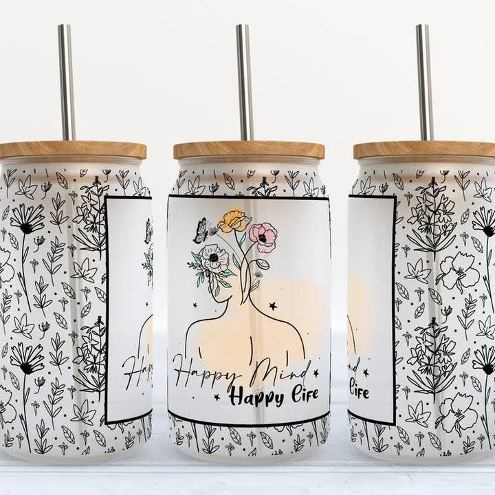 Happy Mind Happy Life 16oz Frosted Libbey Glass Tumbler for wholesale by Kate Haven Glass Tumblers for Every Occasion