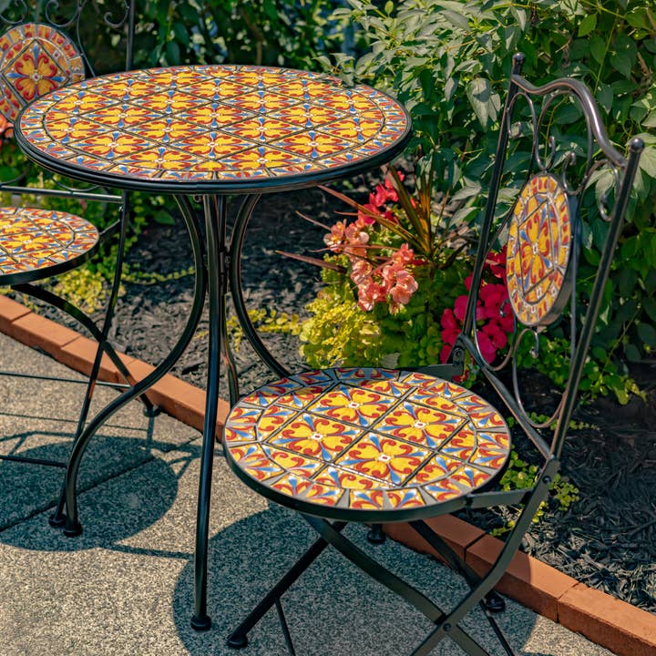 Zaer Ltd. International - Wholesale Patio Set - "Barcelona" Round Mosaic Chair and Table- 3PC/Set1