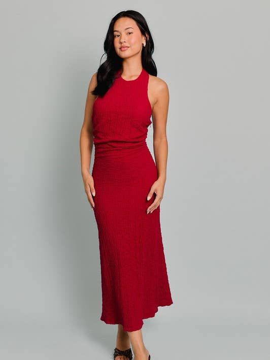Burgundy HALTER NECK TEXTURED MIDI DRESS WITH ADJUSTABLE STRAP for wholesale on Faire