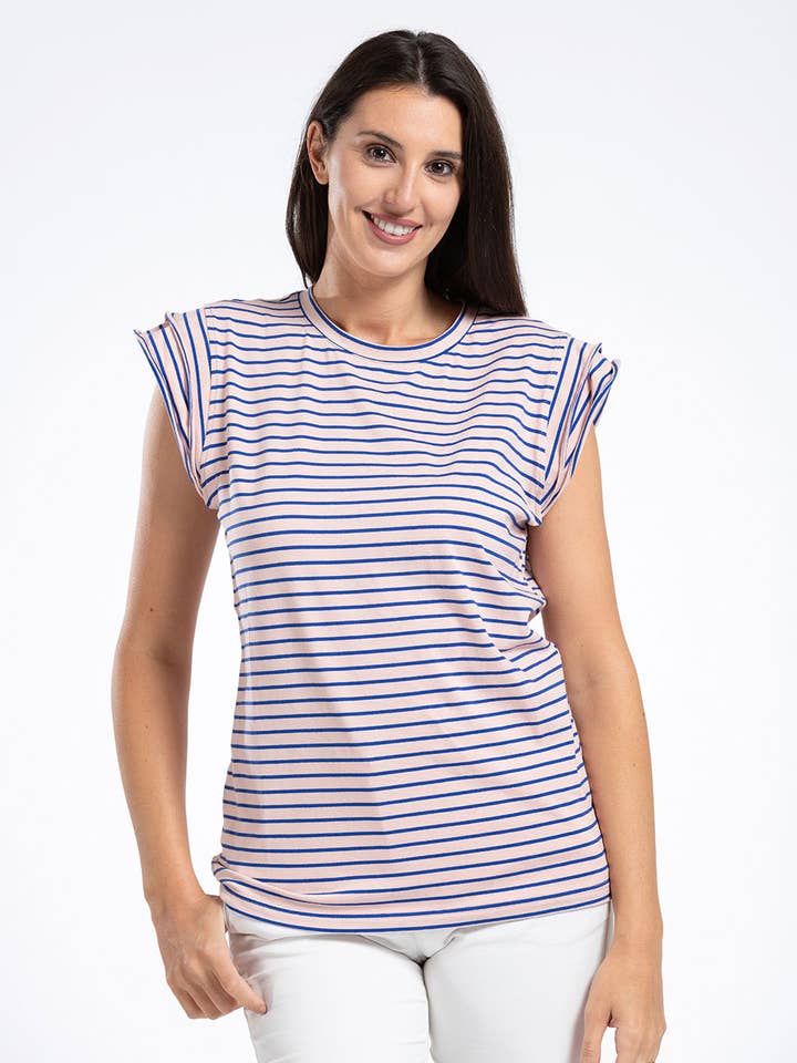 Pentlebay Clothing - Wholesale Lounge Top - Women's - Ruffle Sleeve Tee in Pink Navy Stripe