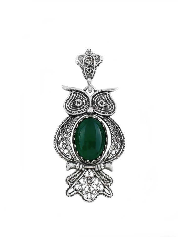 Sterling Silver Art Owl Green Agate Women Pendant for wholesale by Filigranist Jewelry