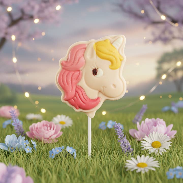 Witte chocolade lolly unicorn 20g voor wholesale door The Belgian Chocolate Makers