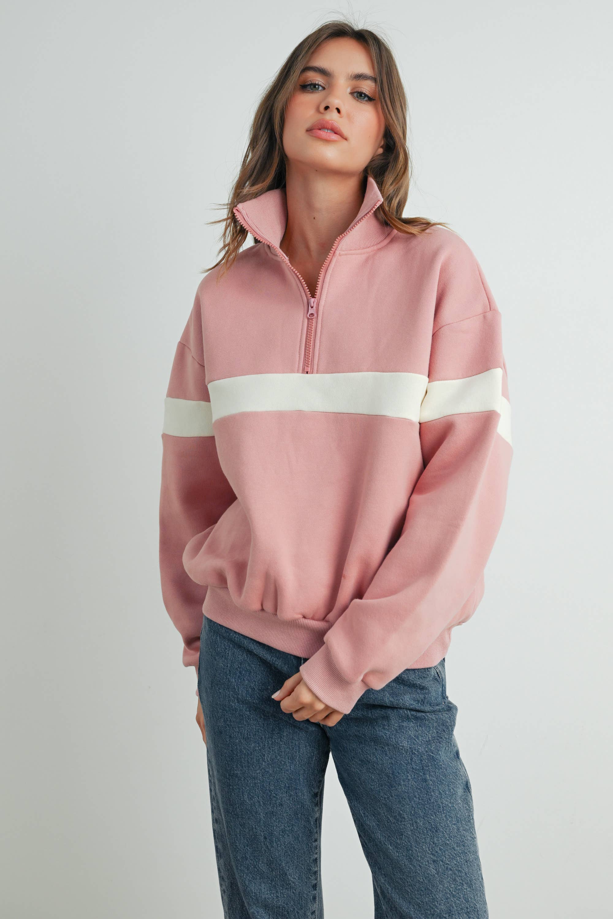 BUTTERMELON - Wholesale Sweatshirt - Women's - Two-Toned Half Zip Collar Sweatshirt - BMT753529