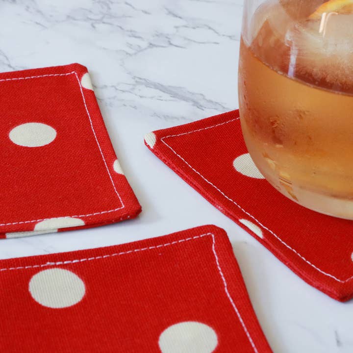 Holiday Red Dot Fabric Cocktail Coasters for wholesale by Fresko Decor