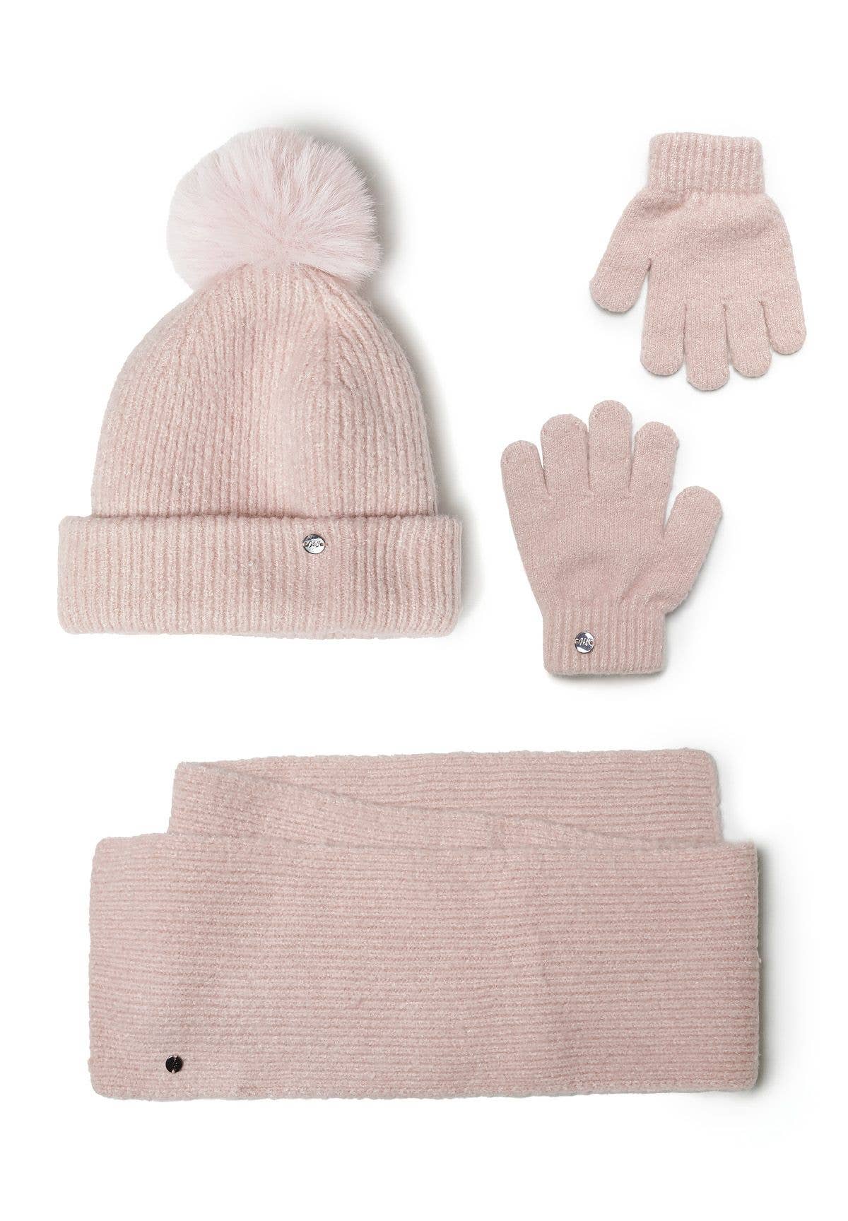 Minoti sp. z o.o. – Chapéu - Crianças por atacado – Conjunto de inverno de 3 peças para meninas: gorro, cachecol e luvas rosa.3