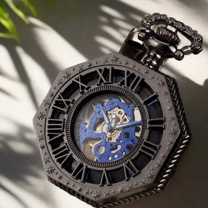 Octagonal Mechanical Vintage Pocket Watch with Hollow Carving for wholesale by WoodWristCo