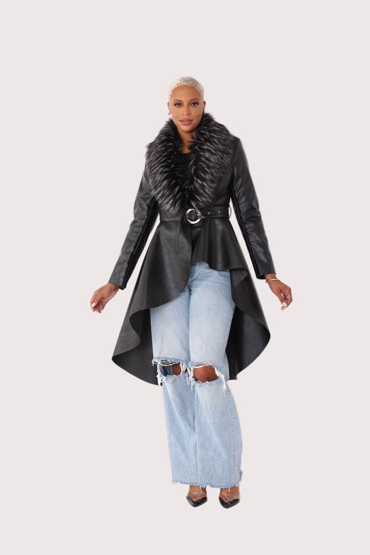 For Her NYC - Wholesale Fur/Faux Fur Coat - Women's - Leather Coat with Fur Collar -82054