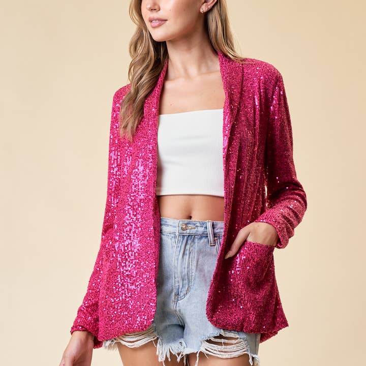 FUCHSIA OPEN FRONT SEQUIN BLAZER W/ FRONT POCKET - 10518J for wholesale on Faire0