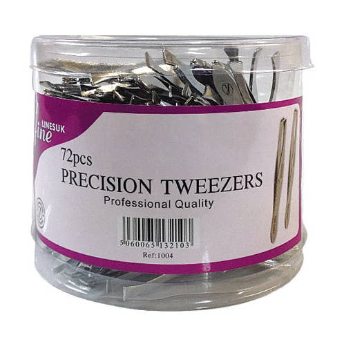 Dose mit 72 Präzisionspinzetten, verchromt, 9 cm für den Großhandel von Fine Lines (UK) Ltd