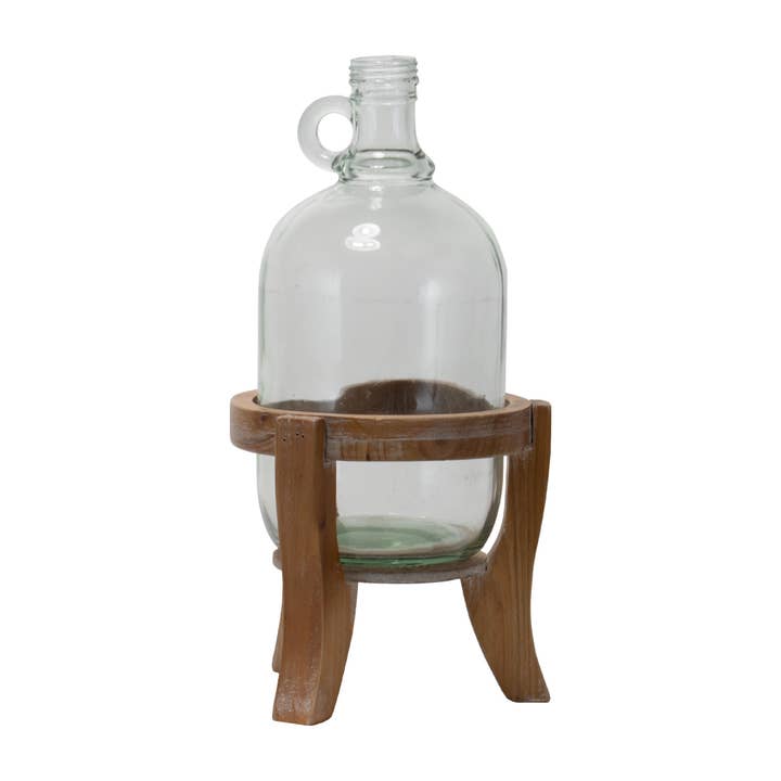Foreside Home & Garden - Wholesale Vase - Ramona Vintage Glass Growler Vase with Natural Wood Stand